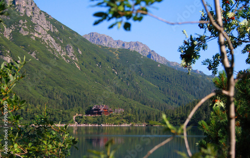 Obraz na płótnie Shelter by the lake, Morskie Oko, Tatra Mountains, Poland w salonie