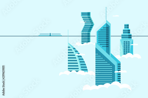 Detailed future city with different architecture high buildings skyscrapers apartments above clouds. Futuristic cityscape town and train. Vector real estate construction over sky illustration