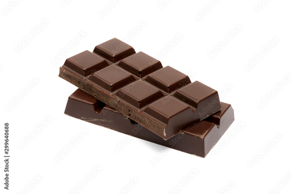 Pieces of dark chocolate bar isolated on white background Pieces of dark chocolate bar isolated on white background