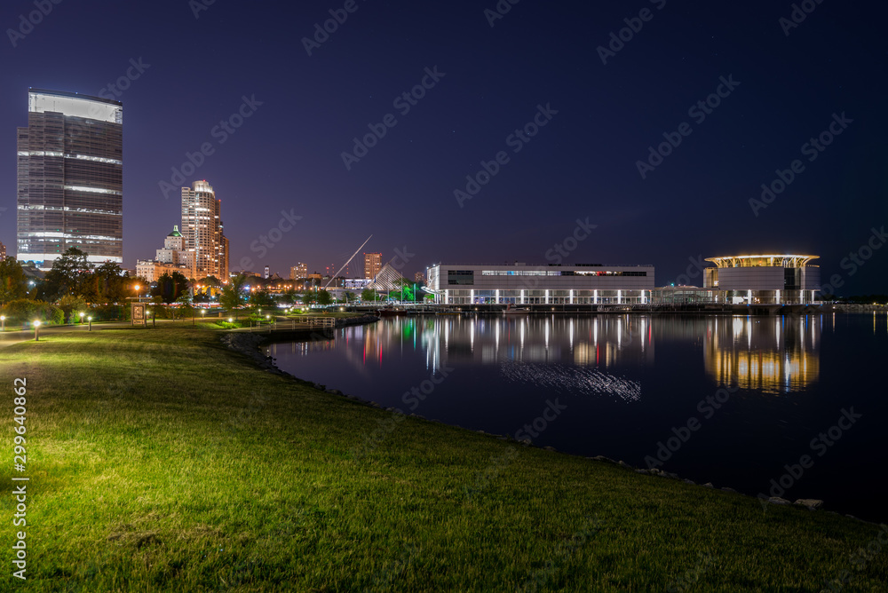 Lakeshore State Park at night featuring the Milwaukee WI skyline Lakeshore State Park at night featuring the Milwaukee WI skyline