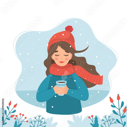 Cute girl in winter holding a cup with winter background and snow. Vector illustration in flat style