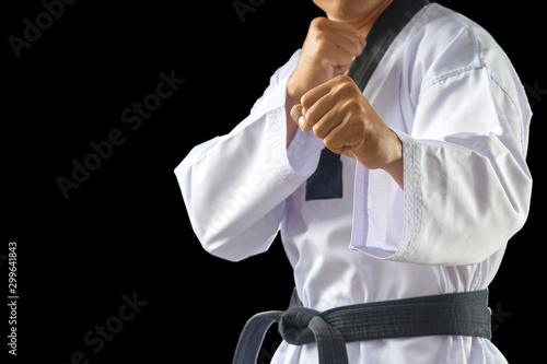 Obraz na plátně Taekwondo traditional man hand fist punching power strong on black background for advertising