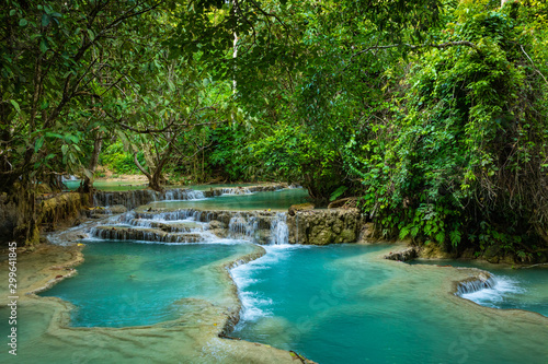 Turquoise water of Kuang Si waterfall  Luang Prabang  Laos. Tropical rainforest. The beauty of nature.