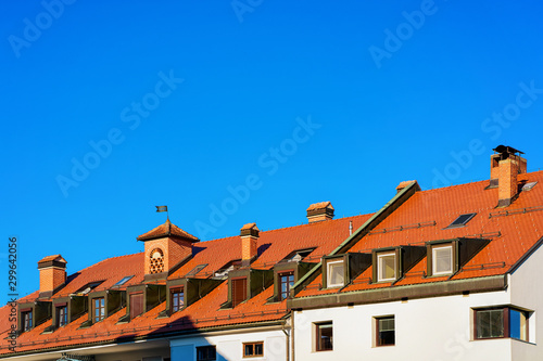 Tile roof of cottage with blue sky Rural landscape
