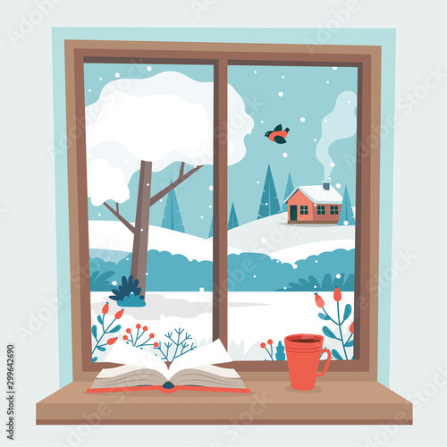 Winter window with view, a book and a coffee cup on the sill. Cute cozy vector illustration in flat style