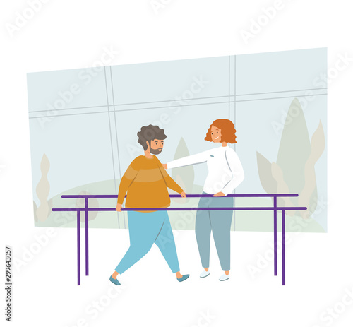 Rehabilitation flat vector illustration. Concept of physiotherapy with use of medical equipment and trainers, recovery after injuries, accidents and operations. Female nurse helps a man learn to walk.