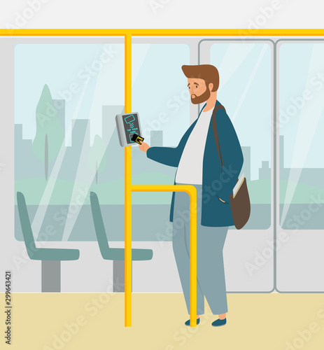 Public transport nfc payment flat vector illustration. A man pays for travel in a non-contact way. Wireless, contactless, cashless payments, rfid nfc concept. Metro, bus, subway ticket validator.