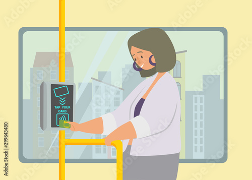 Metro, bus, subway ticket validator flat vector illustration. Wireless, contactless, cashless payments, rfid nfc concept. Public transport nfc payment. Girl uses a travel card in transport. 
