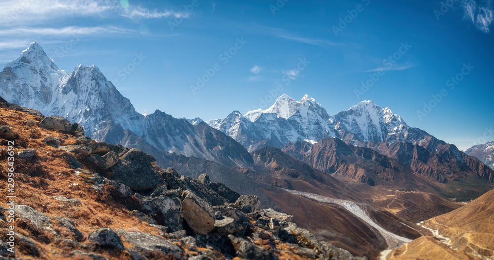 Panoramic view of  great Himalayan range with Ama Dablam in the left corner.  Nepal, Everest area.