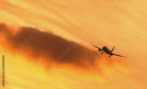 passenger plane lands at sunset