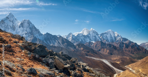 Panoramic view of great Himalayan range with Ama Dablam in the left corner. Nepal, Everest area.