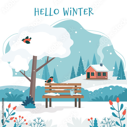 Hello winter, landscape with cute bench, coffee cup, white tree, cute house, fields and nature. Vector illustration in flat style