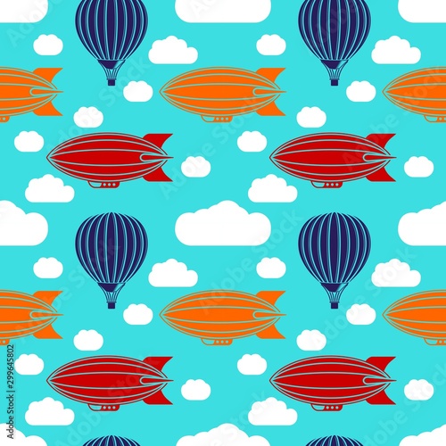 Seamless pattern with air balloon, dirigible and clouds. Vector illustration.