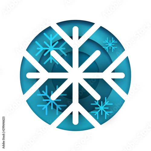 Snowflakes in paper cut trendy craft cartoon style. Christmas, new year modern design for advertising, branding background greeting card, cover, poster, banner. Vector illustration.