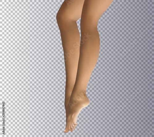 Realistic woman legs in profile isolated on the transparent background. Vector illustration of the elegant 3d girl bare feet. Side view.
