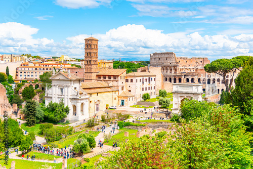 Colosseum and Roman Forum, Latin: Forum Romanum, most important cenre in ancient Rome, Italy. Aerial view from Palatine Hill