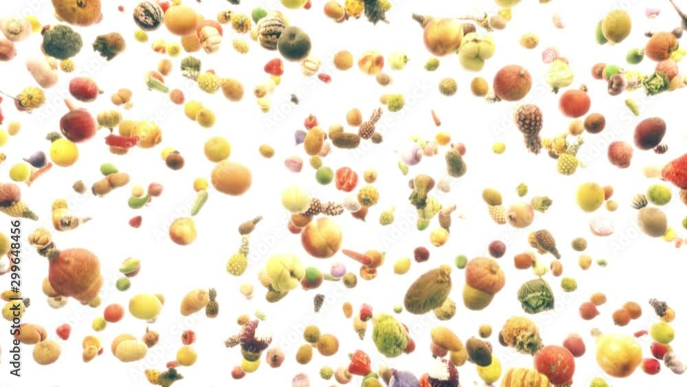 Loop animation of fresh fruits and vegetables floating freely up in the air.. Loop animation of fresh fruits and vegetables floating freely up in the air..
