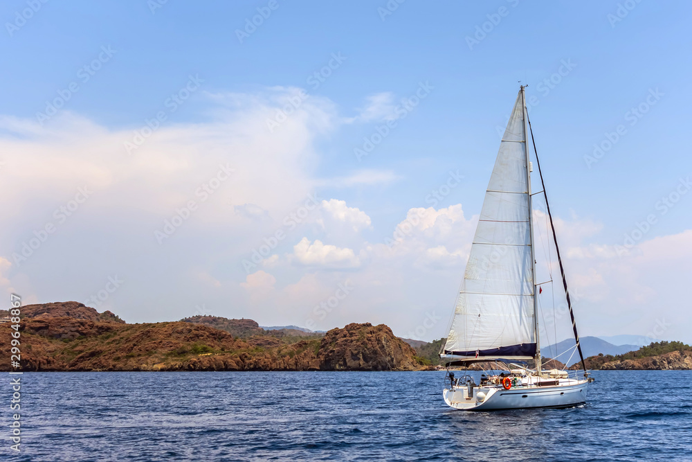 ship white sails a yacht mountains background luxury summer adventure
