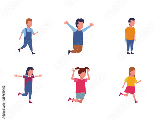 set of avatar kids having fun icon, flat design