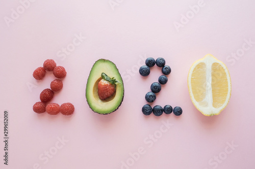 2020 made from healthy food on pastel background, Healhty New year resolution diet and lifestyle