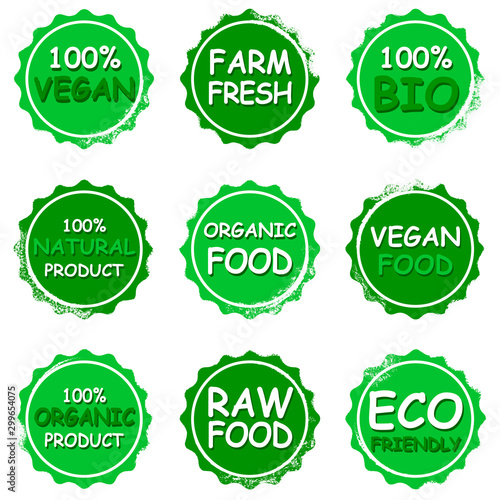 Fresh healthy organic vegan food logo labels and tags. Vector illustration.