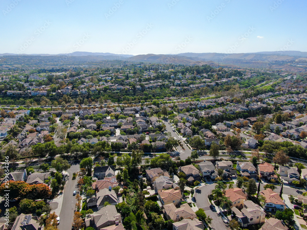 Aerial view of master-planned community and census-designated Ladera Ranch, South Orange County, California. Large-scale residential neighborhood