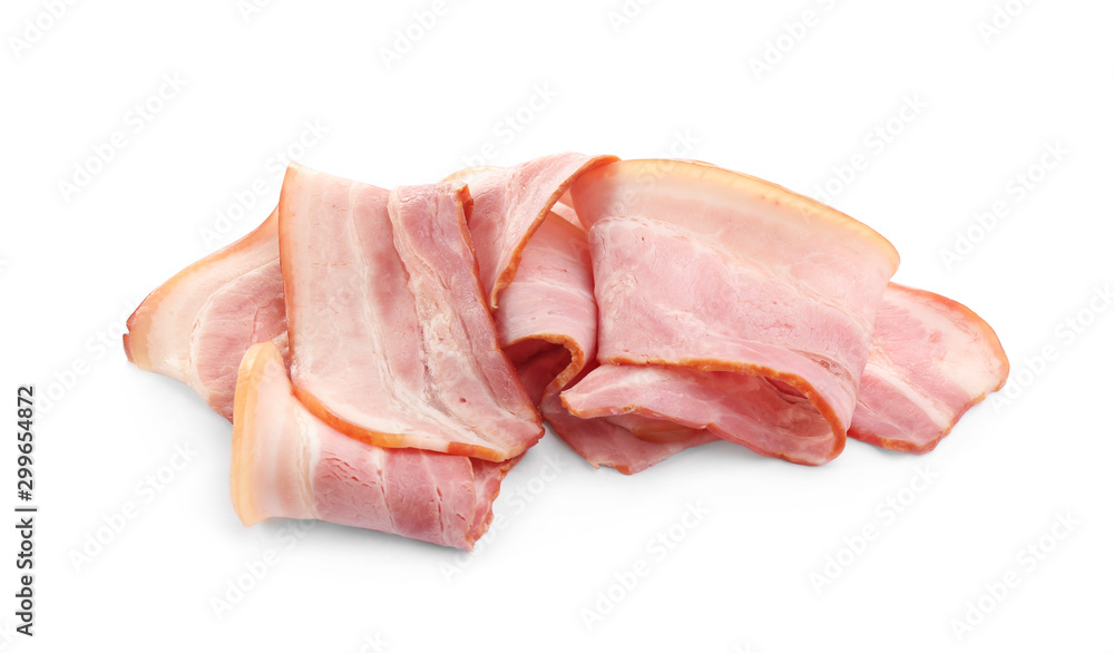 Slices of raw bacon on white background Slices of raw bacon on white background