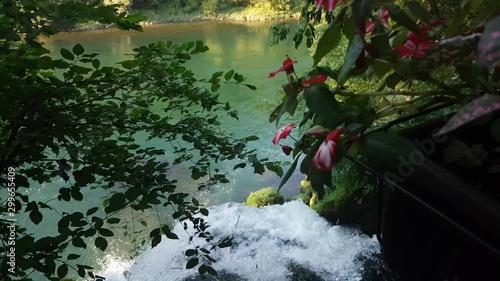 Top View of Waterfall Going Into River Behind Breezing Leaves photo