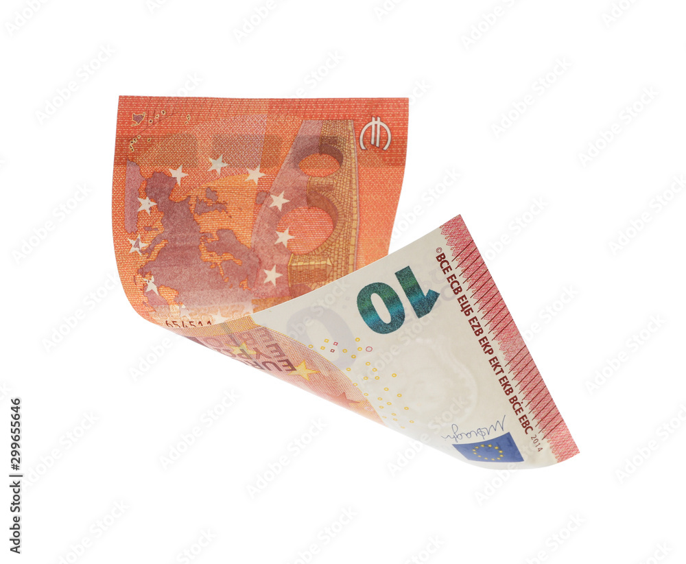 Flying ten Euro banknote isolated on white Flying ten Euro banknote isolated on white