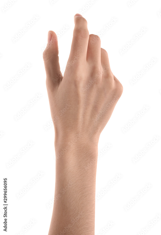 Woman holding something on white background, closeup of hand Woman holding something on white background, closeup of hand