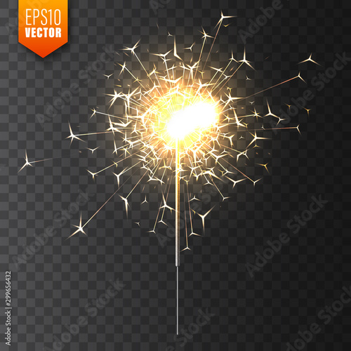 Realistic Christmas sparkler on transparent background. Bengal fire effect. Festive bright fireworks with sparks. New Year decoration. Burning sparkling candle. Vector illustration.