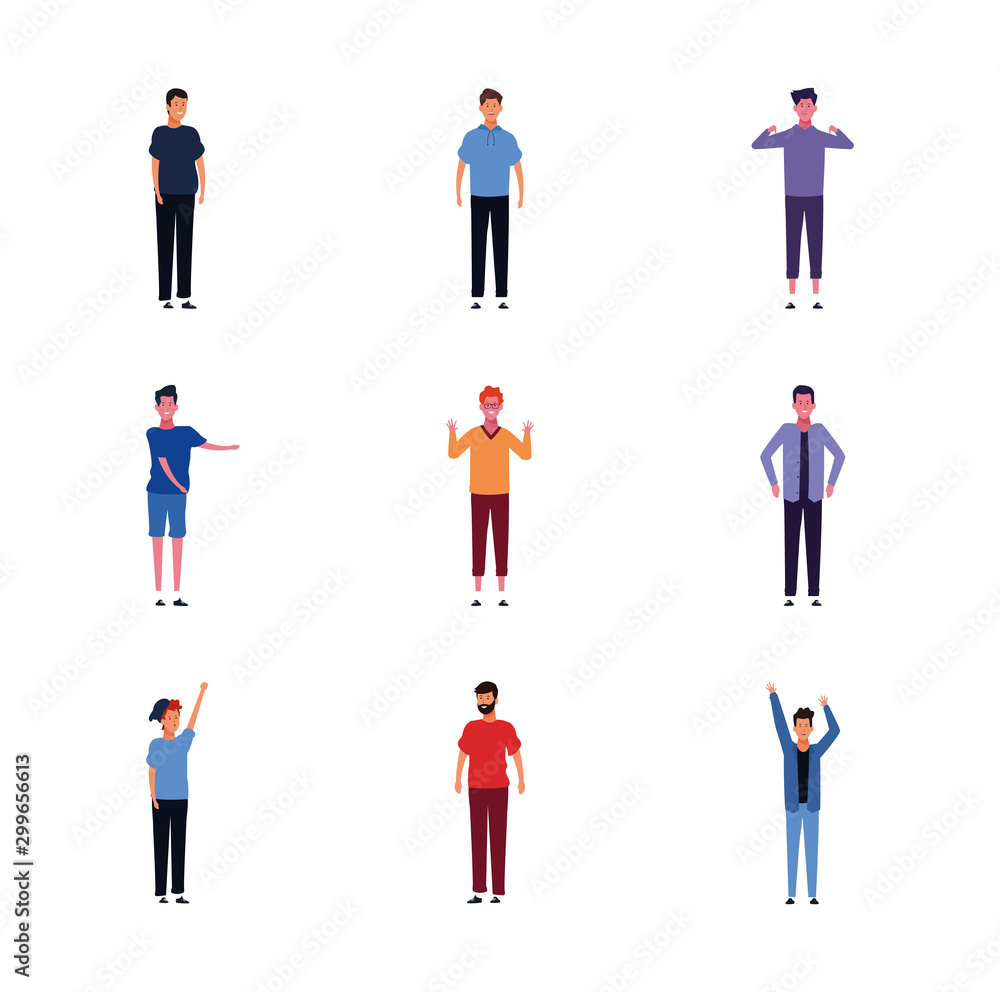 icon set of men wearing casual clothes, colorful design