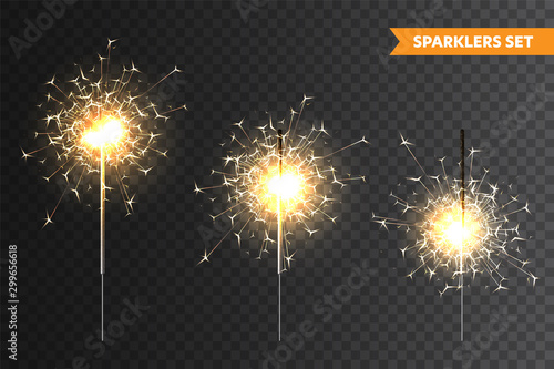 Realistic Christmas sparkler collection on transparent background. Bengal fire effect. Festive bright fireworks with sparks. New Year decoration. Burning sparkling candle. Vector illustration.