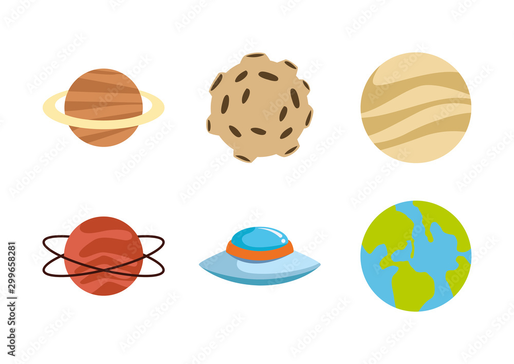 icon set of planets and moon, colorful design