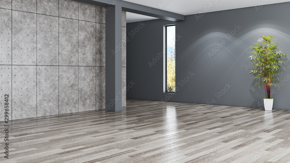 Idea of a white empty scandinavian room interior illustration 3D rendering with wooden floor and large wall and white. Background interior. Home nordic - obrazy, fototapety, plakaty 