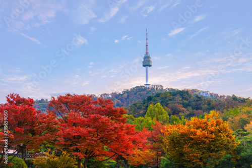 Photography Seoul Tower with Blue Sky in Autumn South Korea