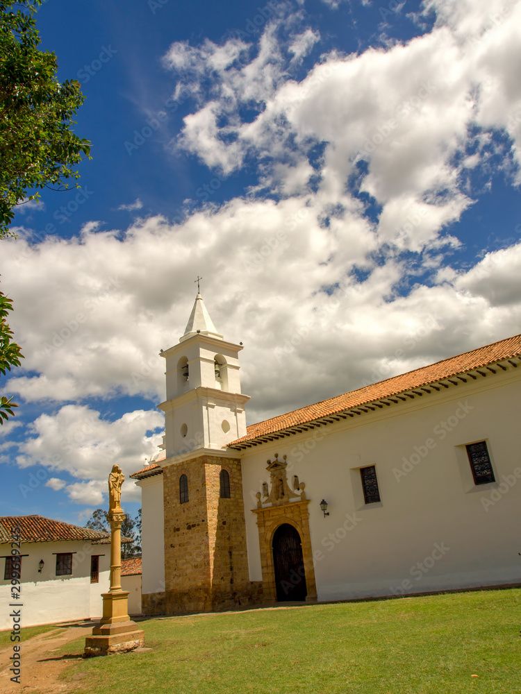View of the side of the  Our Lady of Mount Carmel church in the colonial town of Villa de Leyva, in the central Andean mountains of Colombia.