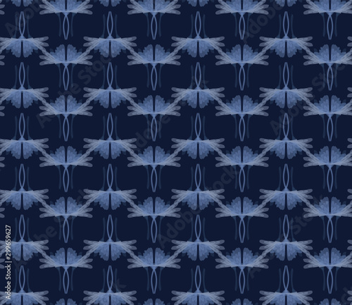 Indigo Blue Floral Vector Seamless Pattern Background. Dark Navy Masculine Dye Flower Damask Bloom. Japanese Kimono Style All Over Print for Asian Far East Textile.  Hand Painted Repeat Tile Eps 10