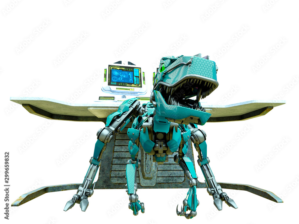 Fototapeta premium velociraptor robot in front of the computer console