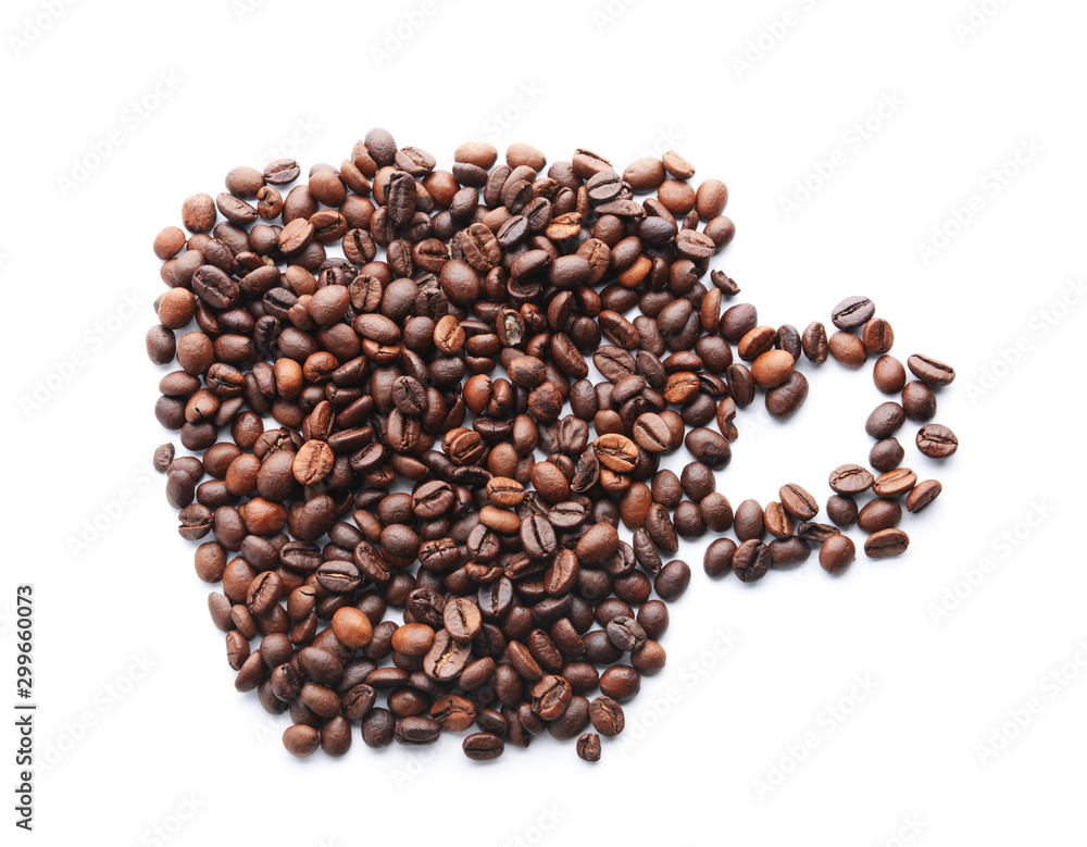 Cup shape made of coffee beans on white background Cup shape made of coffee beans on white background
