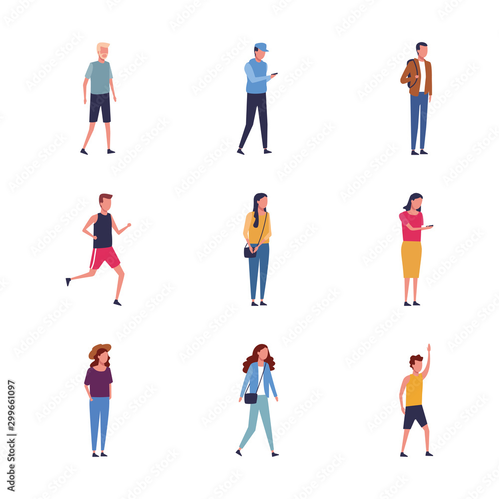 set of young people standing icon, flat design