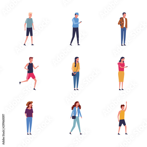 set of young people standing icon, flat design