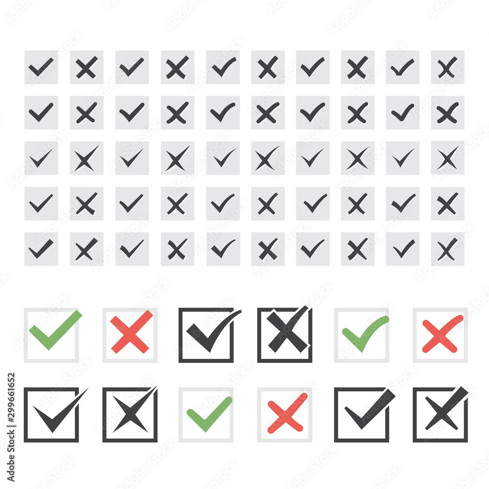 Set of twenty-five different grey vector ticks or check marks Set of twenty-five different grey vector ticks or check marks