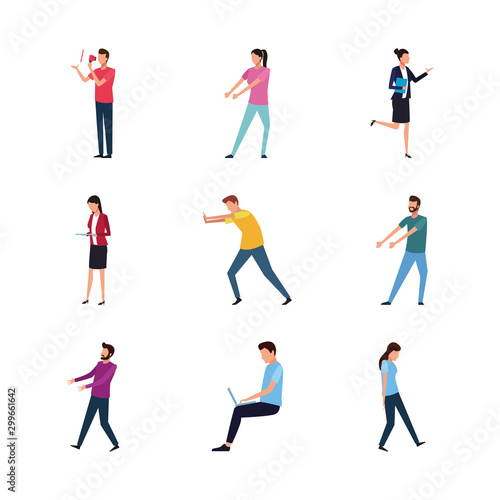 set of people doing actions, flat design