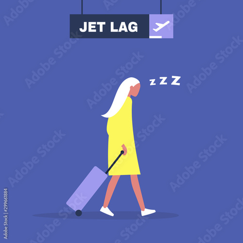 Jet lag conceptual illustration, Young exhausted female character leaving the airport after flight