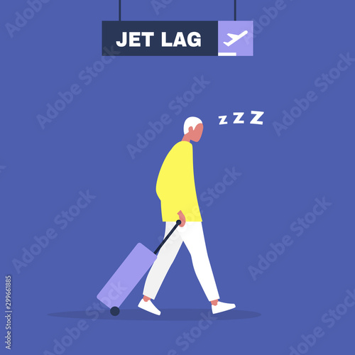 Jet lag conceptual illustration, Young exhausted male character leaving the airport after flight