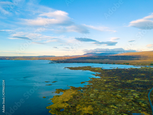Aerial view on Iceland lake, Icelandic lake drone photo.