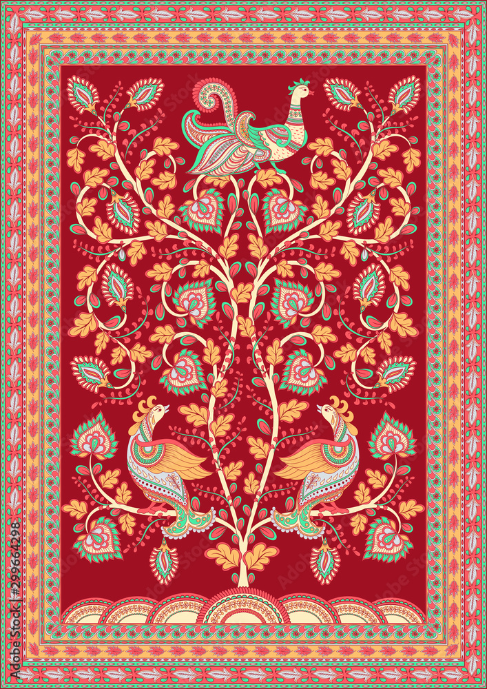 Obraz premium Tree with flowers, peacocks on the branches, openwork frames, burgundy background. A rectangular arrangement in the Indian folk style Kalamkari.