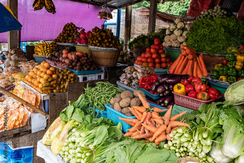 Vibrant Fresh fruit and vegetable stall at the Tabanan village market in Bali