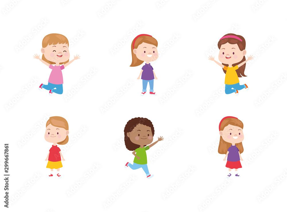 cartoon happy little girls icon set, flat design